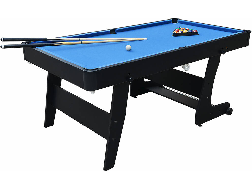 Mesa de bilhar pool com pano azul, tacos e bolas numeradas